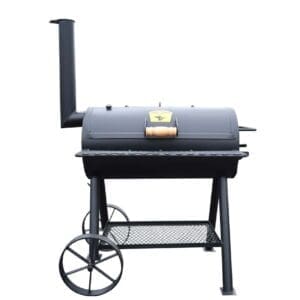 Black offset smoker with wheels.