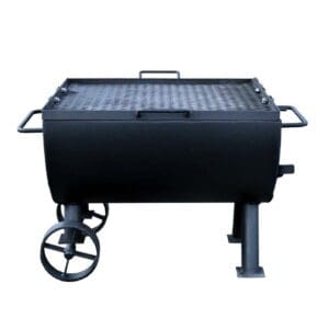 Black metal barrel grill on wheels.