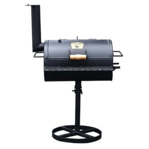 Black metal barrel smoker on stand.