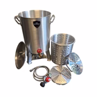 Stainless steel steamer pot with handles and a draining spout.