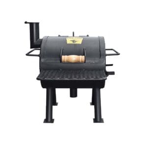Black metal barbecue smoker with a side chimney and wooden handle.