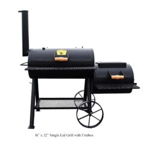 Black outdoor barbecue smoker with wheels and chimney.