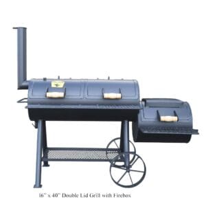 A black metal charcoal grill with wheels and a side firebox.
