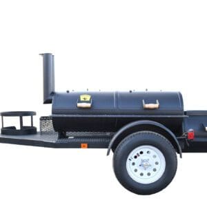 A black barbecue smoker trailer with a chimney and wheel.