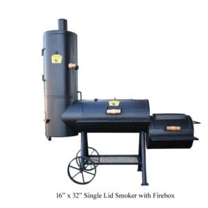Black 16" x 32" single lid smoker with a firebox and chimney.