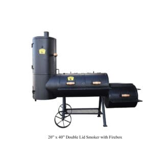 27-inch offset smoker grill with firebox and wheels.