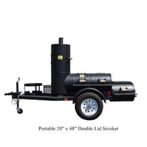 Portable 30" x 48" flexible tail smoker on wheels with a trailer hitch.