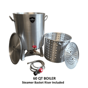 60 QT stainless steel boiler with steamer basket and heat source included.