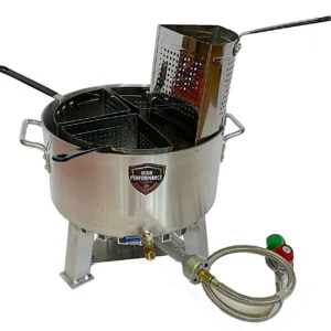 Portable propane gas fryer with a basket and oil container.