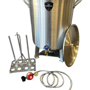 A stainless steel brewing kettle with accessories including a lid, thermometer, and clamps.