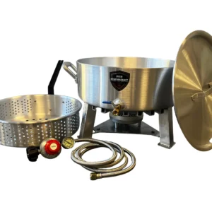 Stainless steel outdoor propane burner with pot and lid for cooking.