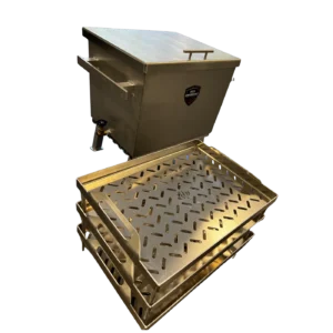 Stainless steel commercial kitchen equipment with a perforated tray.