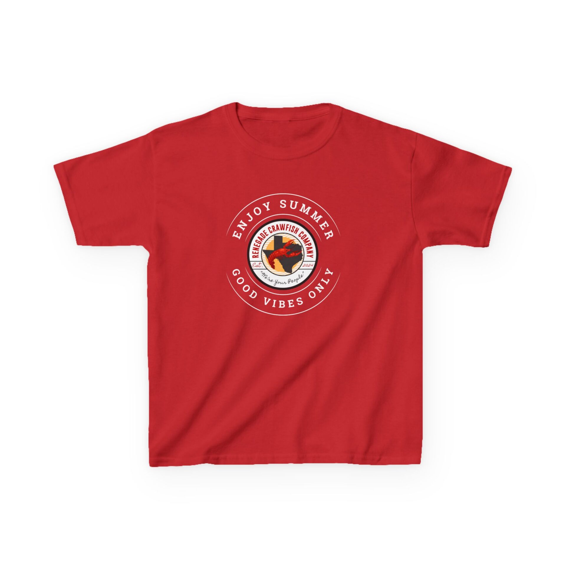 Red T-shirt with a circular logo featuring a rooster and text.