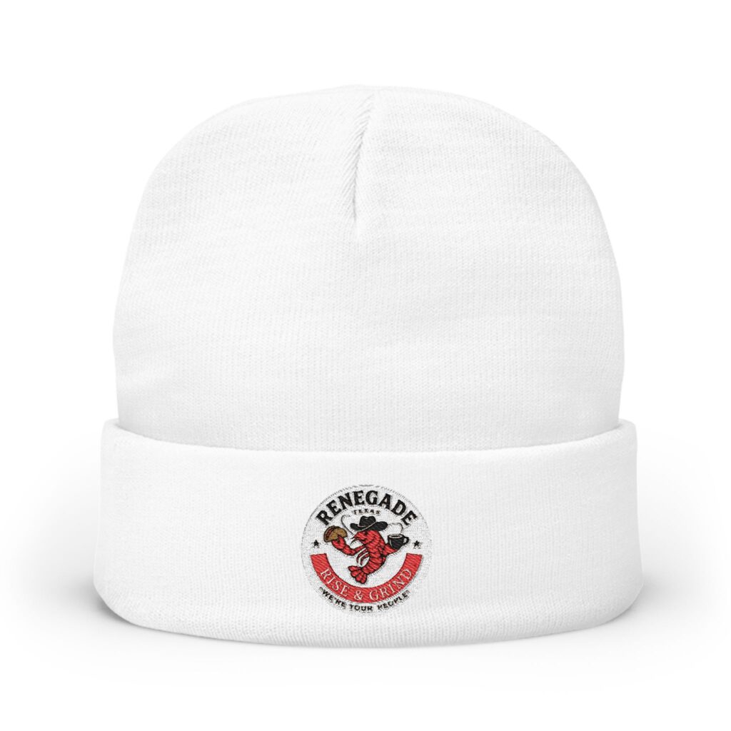 White beanie hat with a red and black embroidered logo on the cuff.