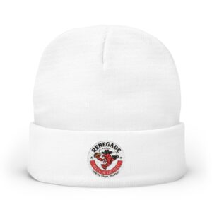 White beanie hat with a red and black embroidered logo on the cuff.