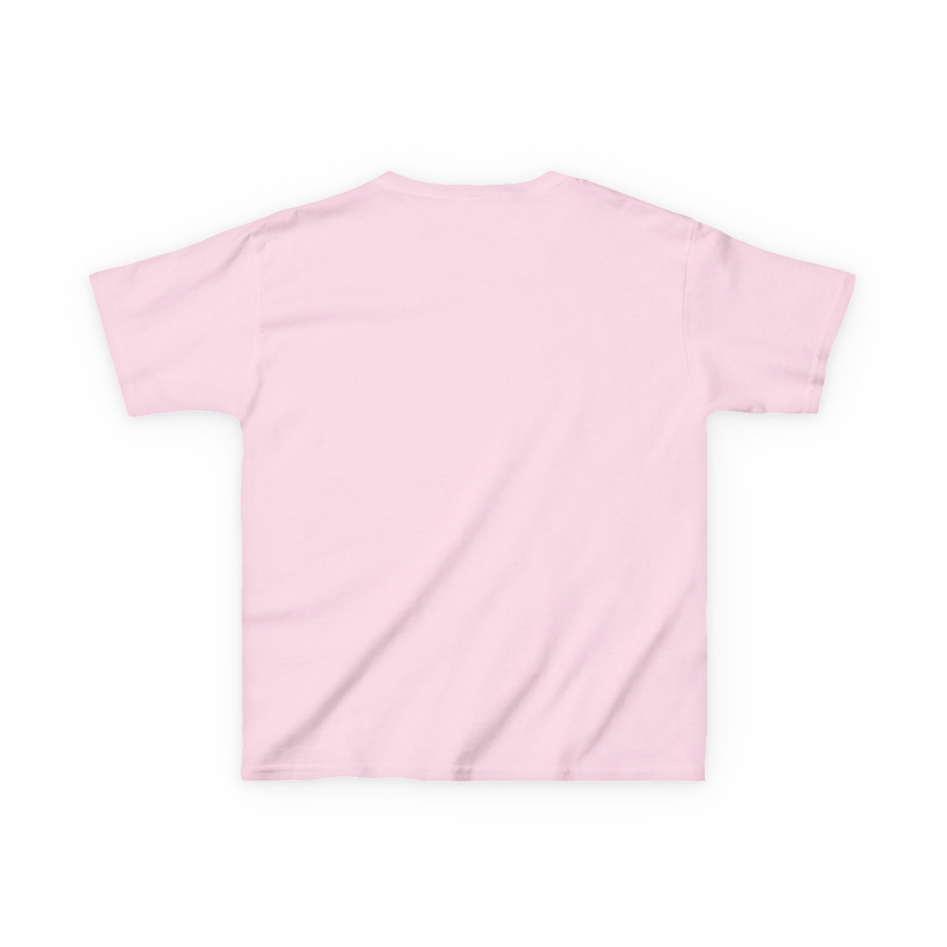 Soft pink short-sleeve t-shirt laid flat showing back side.