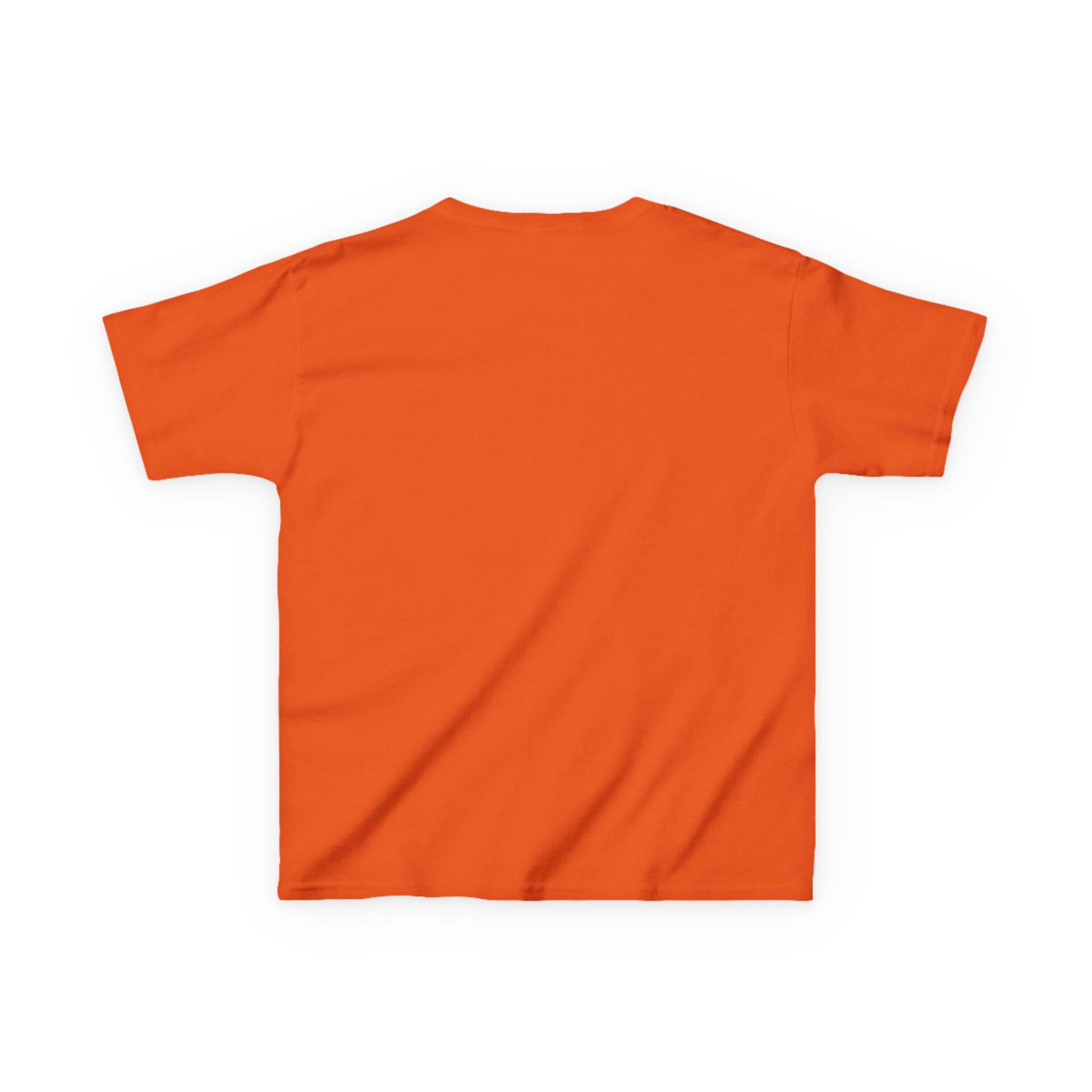 Plain orange short-sleeve t-shirt laid flat, back side visible.