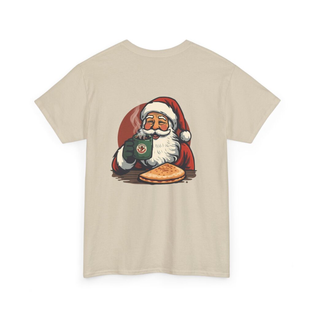 Beige T-shirt featuring Santa Claus holding a camera and a plate of cookies.