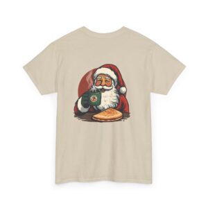 Beige T-shirt featuring Santa Claus holding a camera and a plate of cookies.