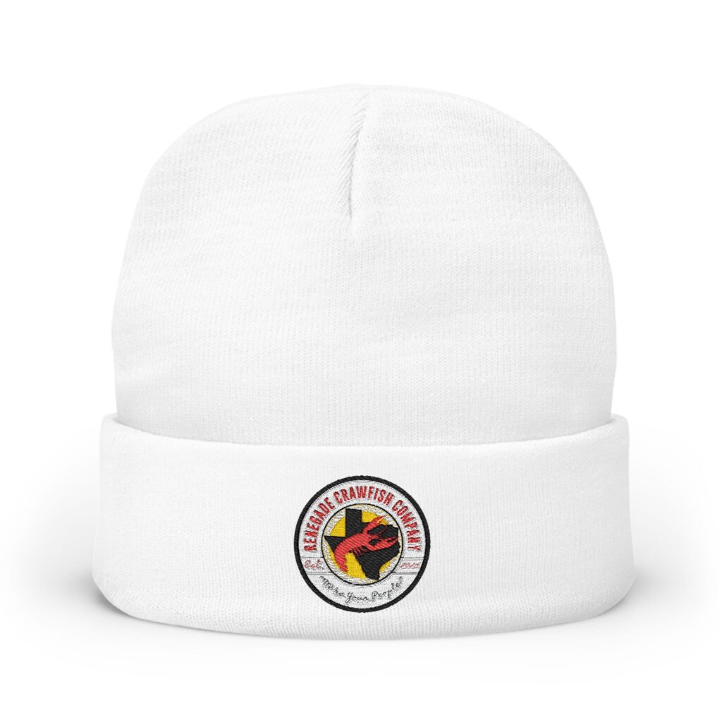 White beanie hat with a colorful circular logo on the cuff.