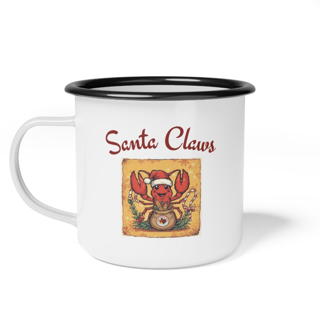 White metal mug with a Santa Claus reindeer design.