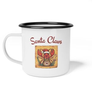 White metal mug with a Santa Claus reindeer design.
