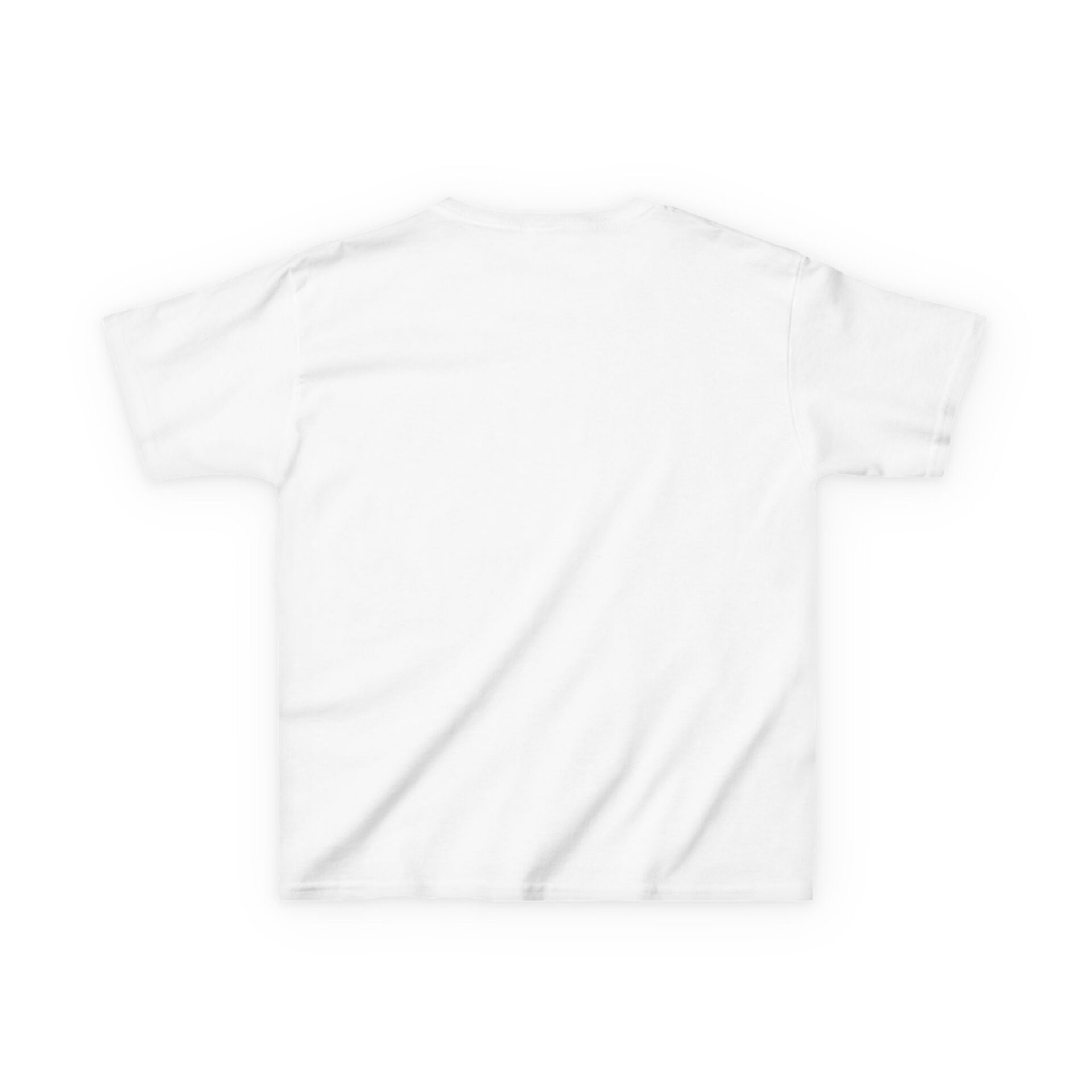 Plain white short-sleeve T-shirt laid flat with the back side visible.