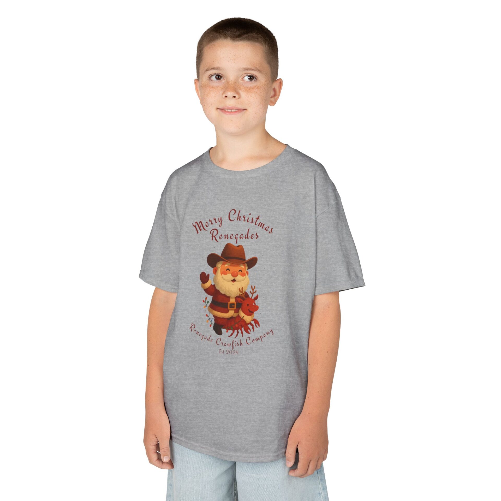 Young boy wearing a gray Pooh-themed T-shirt.