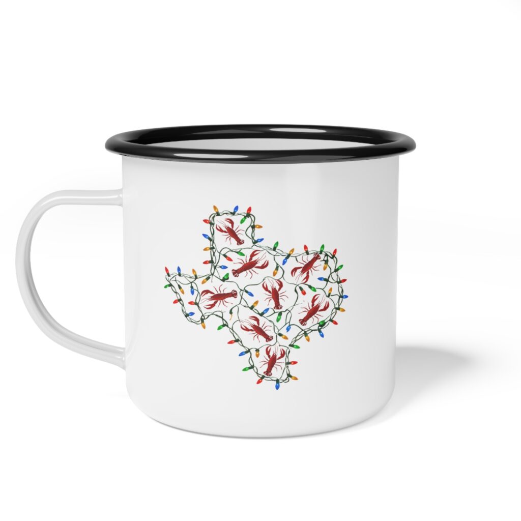 White enamel mug with a heart-shaped floral design.