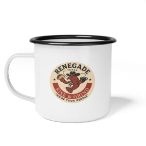 White enamel mug with black rim and a Renegade logo featuring a phoenix.
