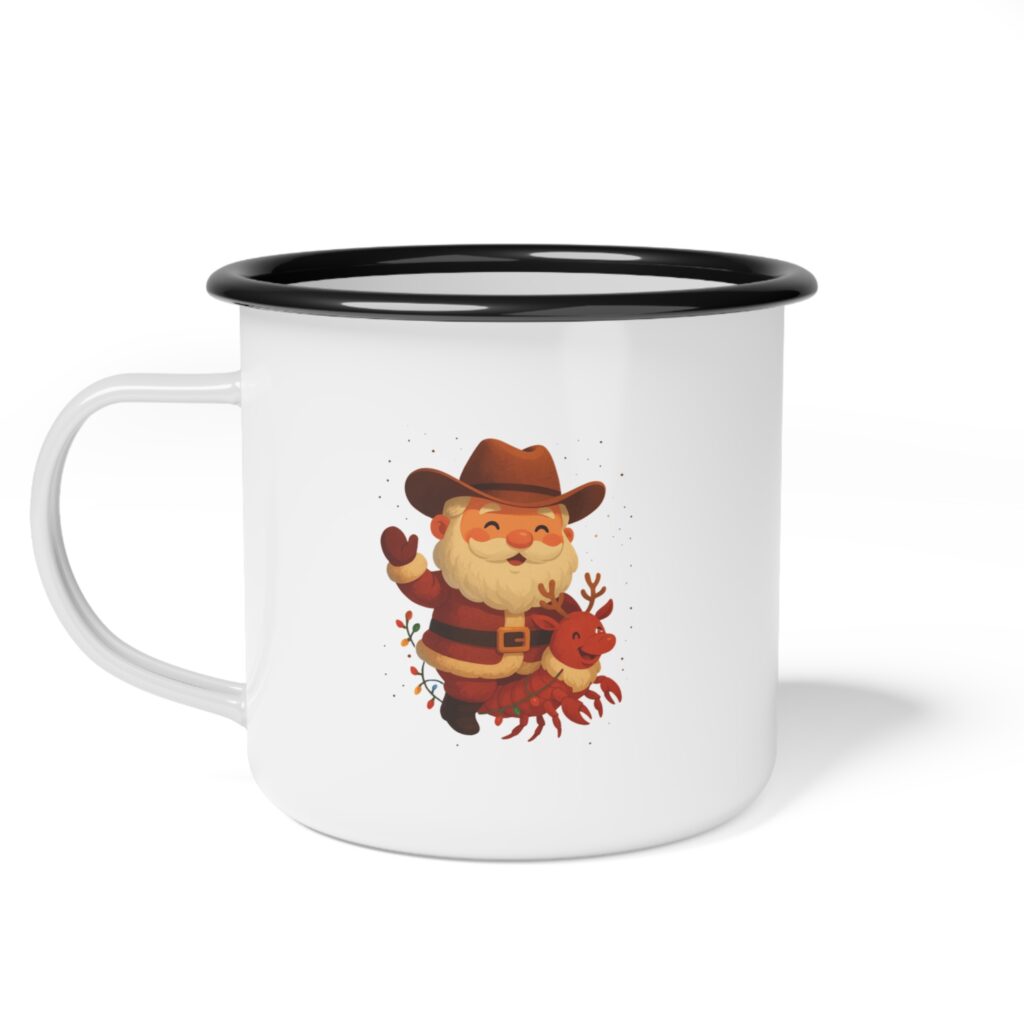 White enamel mug with black rim featuring a cute cowboy crab illustration.