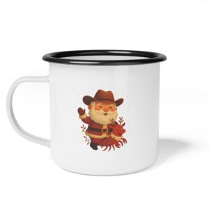 White enamel mug with black rim featuring a cute cowboy crab illustration.