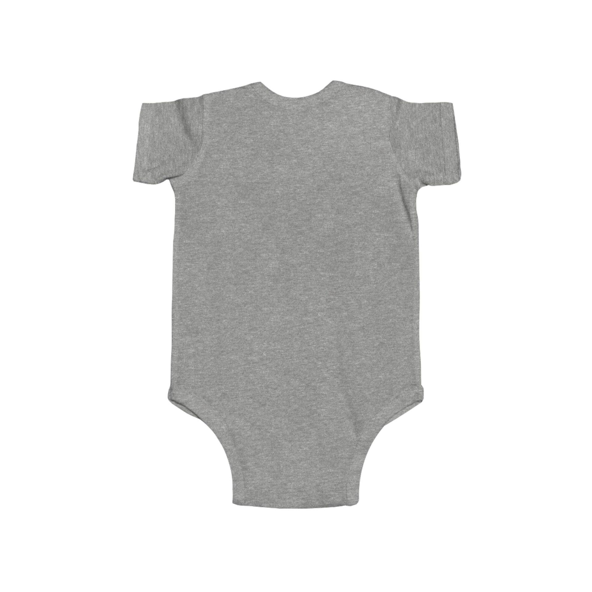 Plain grey baby onesie with short sleeves and snap closure.