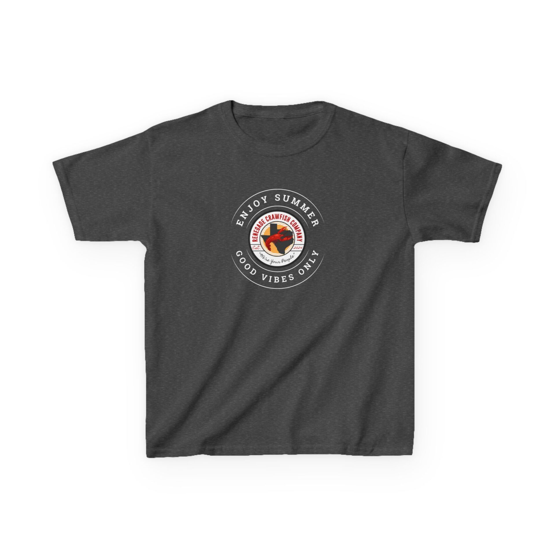 Dark gray T-shirt with a circular Texas-themed logo.