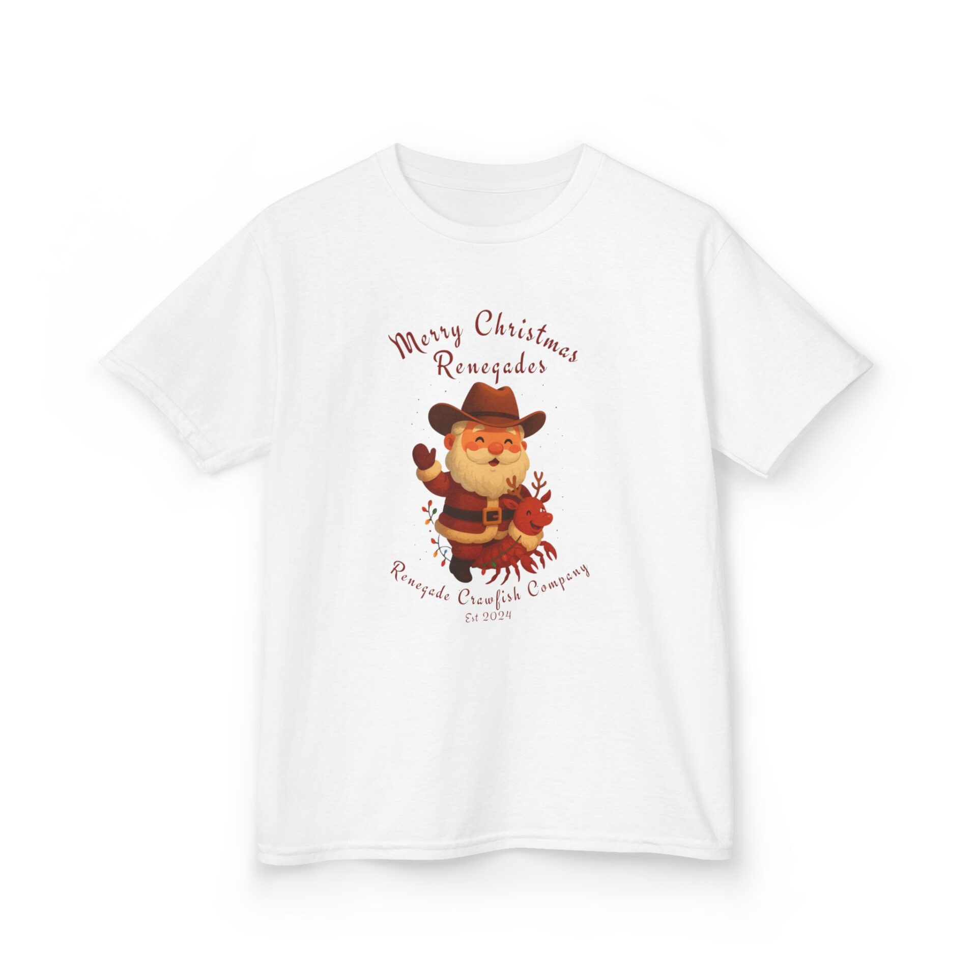 White T-shirt with a Christmas moose and festive text design.