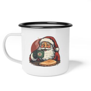 White metal mug with a Santa Claus design and cookies.