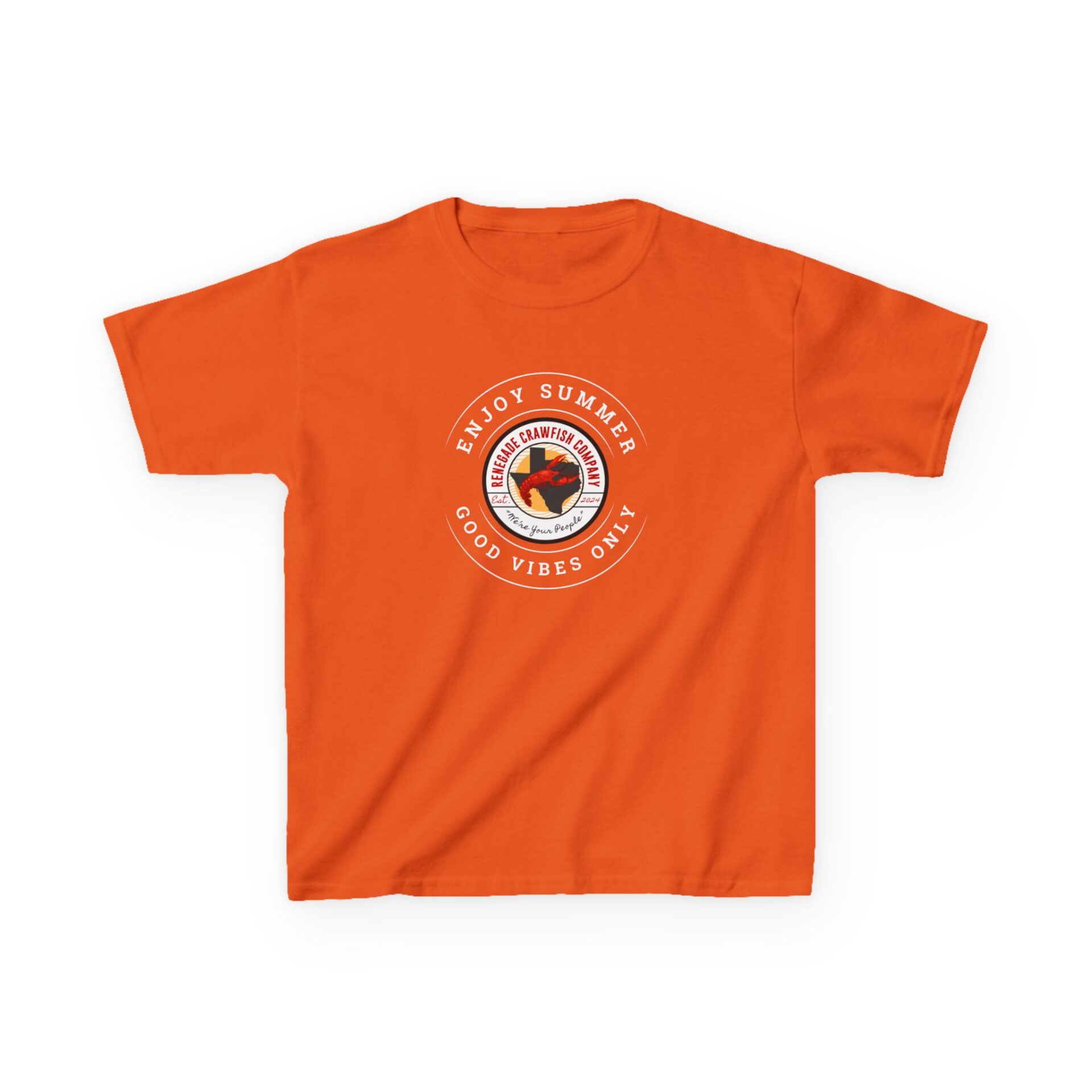 Orange T-shirt with a circular logo featuring a rooster and text.