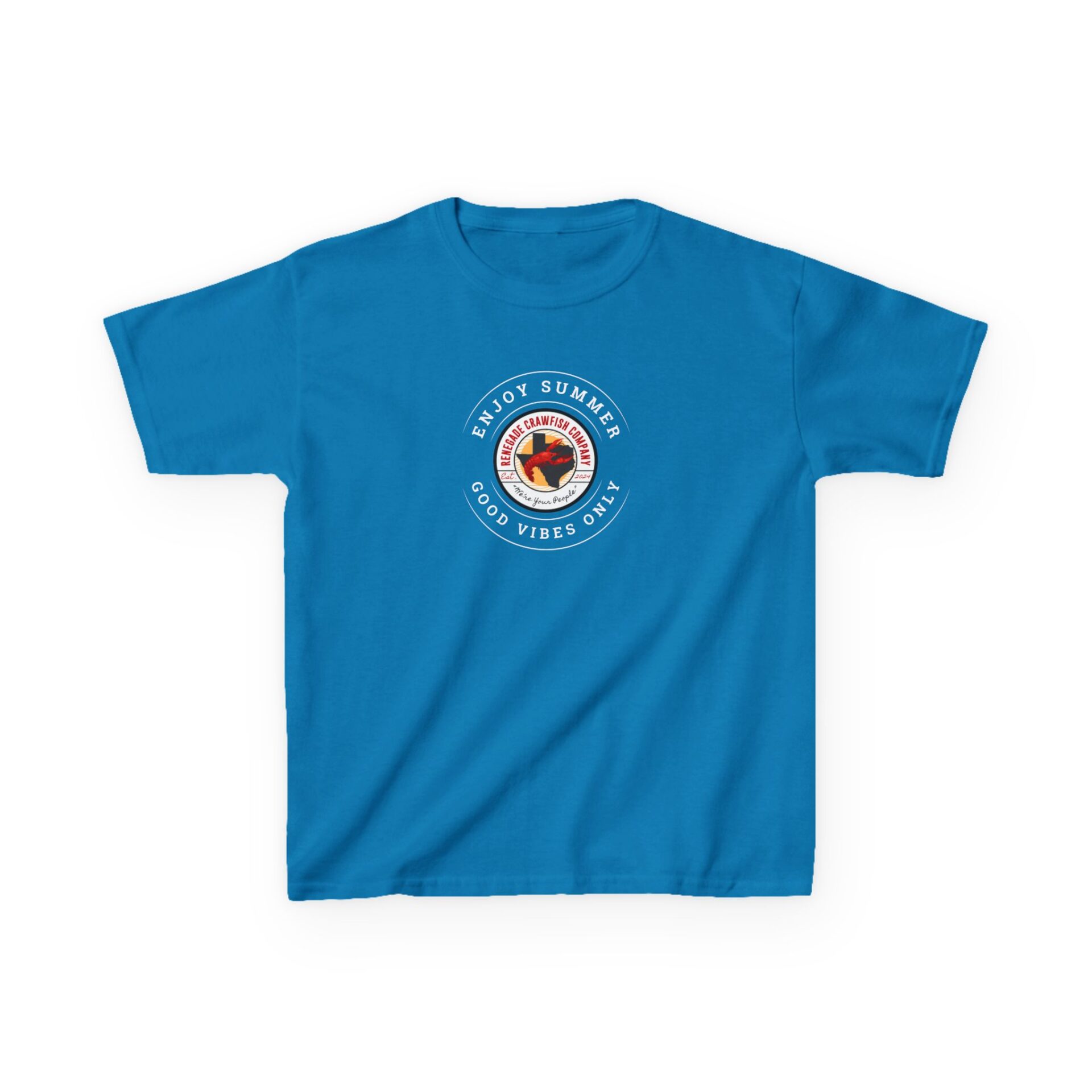 Blue t-shirt with a circular logo featuring a red maple leaf.