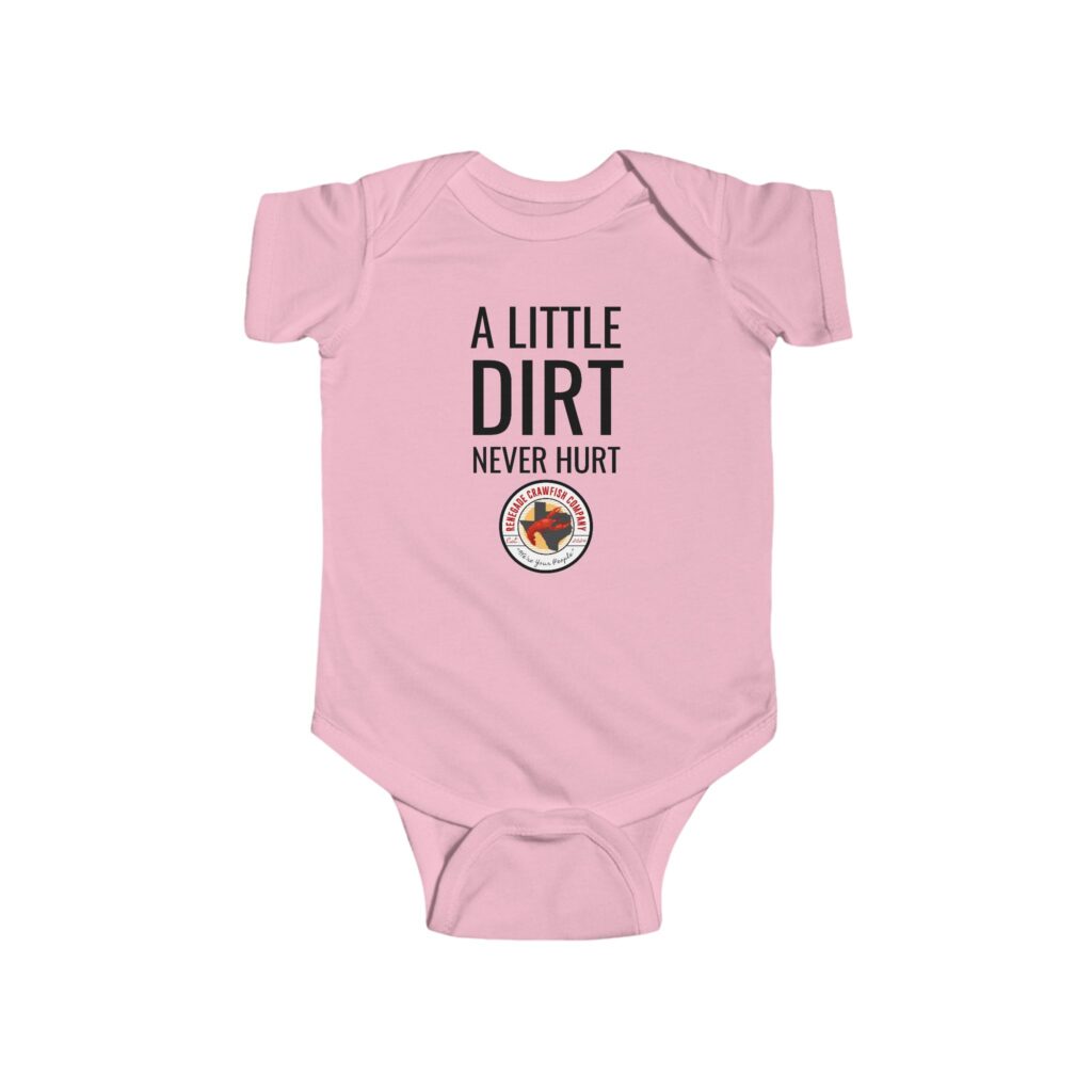 Pink baby onesie with "A Little Dirt Never Hurt" and a cute bug graphic.
