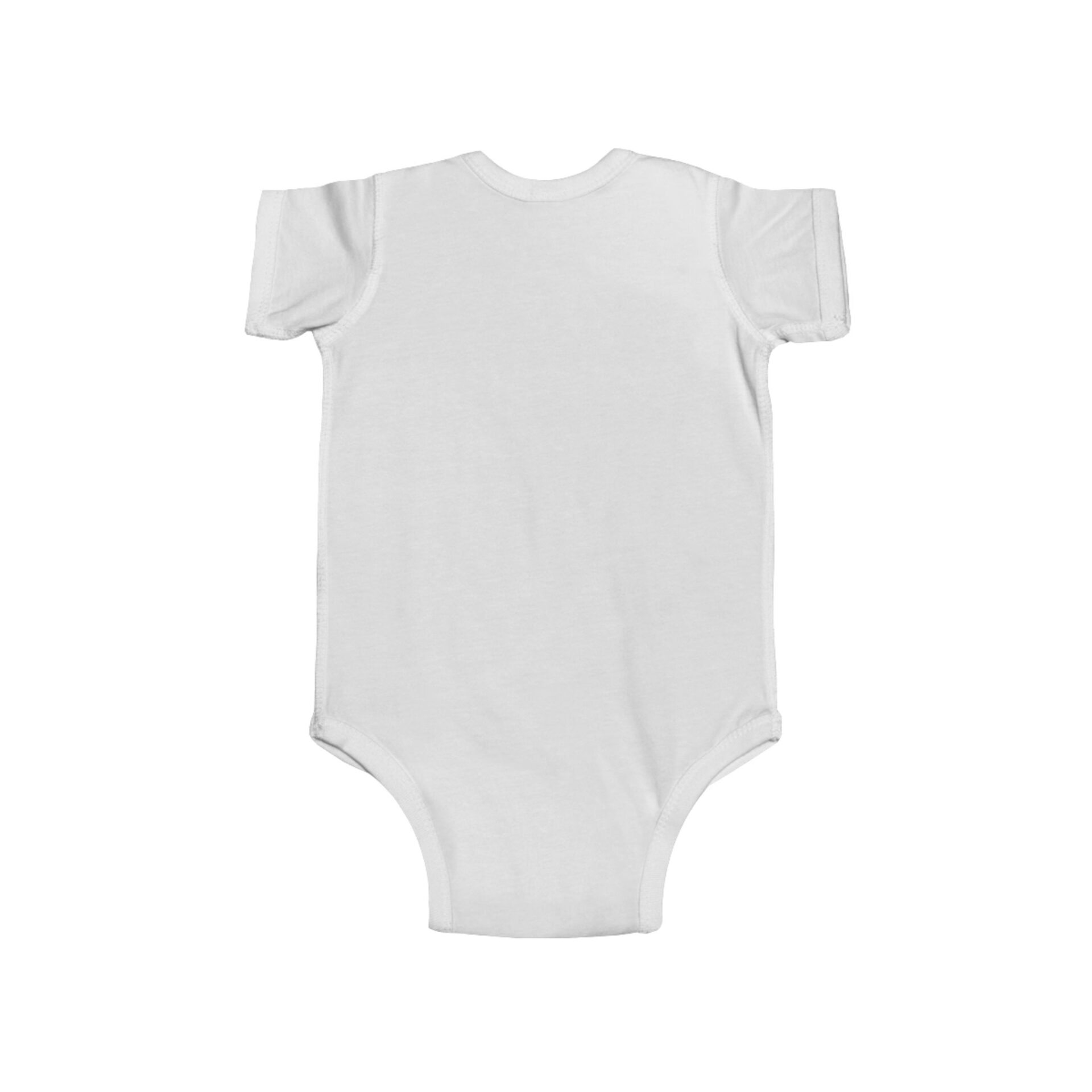 Plain white baby onesie with short sleeves and snap buttons.