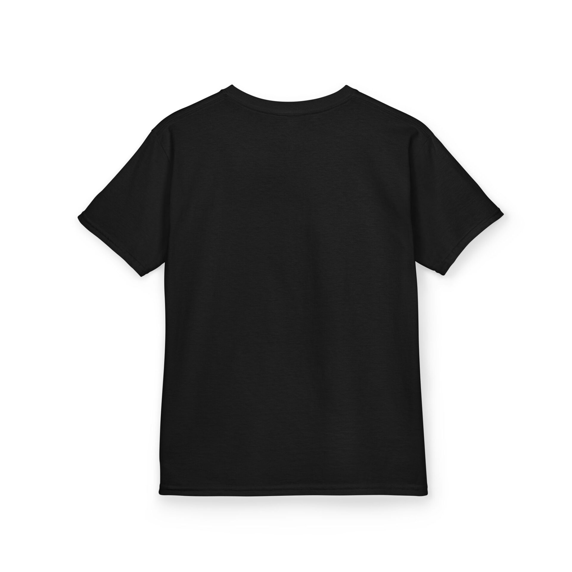 Plain black short-sleeve T-shirt shown from the back.