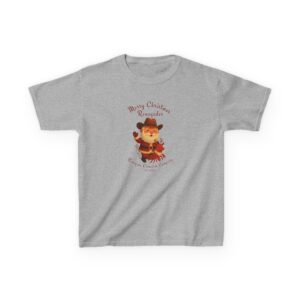 Gray t-shirt with a colorful graphic and text on the front.