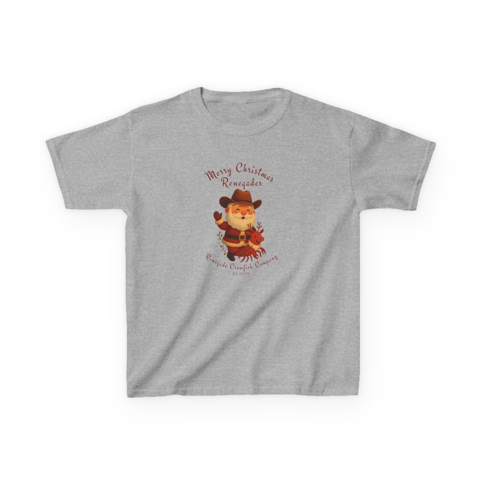 Gray t-shirt with a colorful graphic and text on the front.