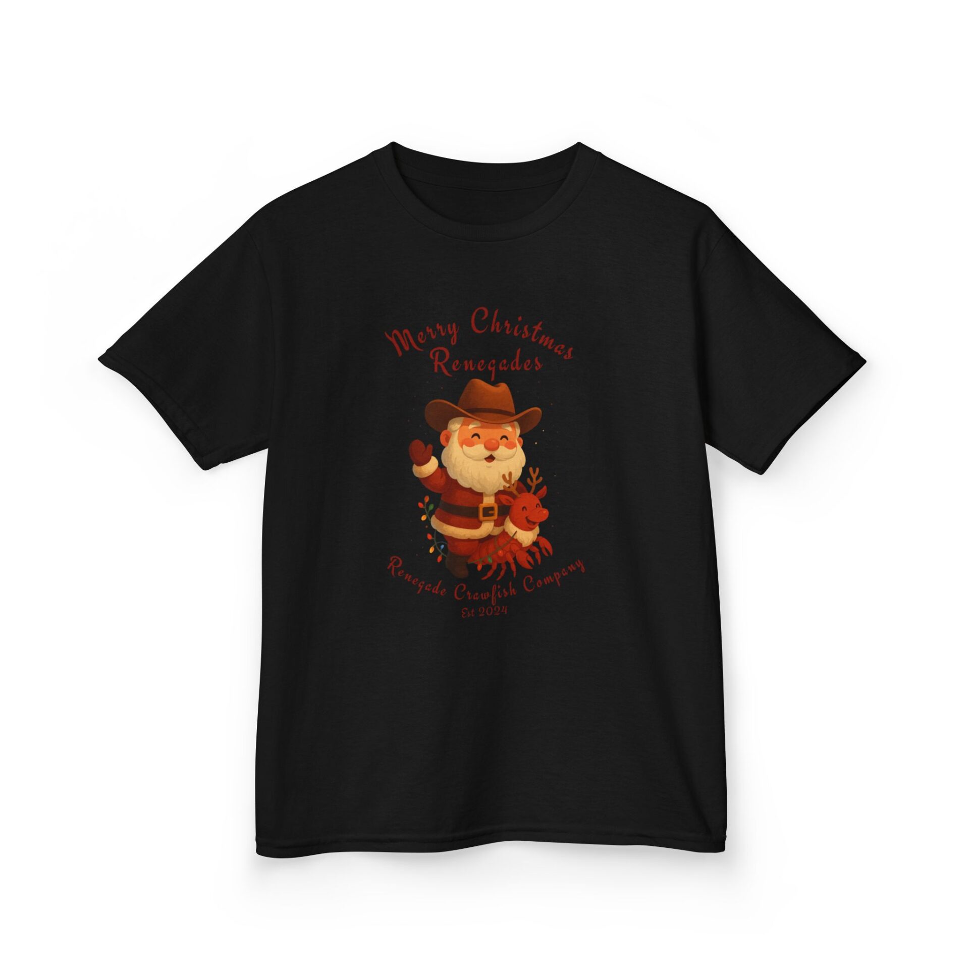 Black t-shirt with a colorful, vintage-style Santa Claus graphic.