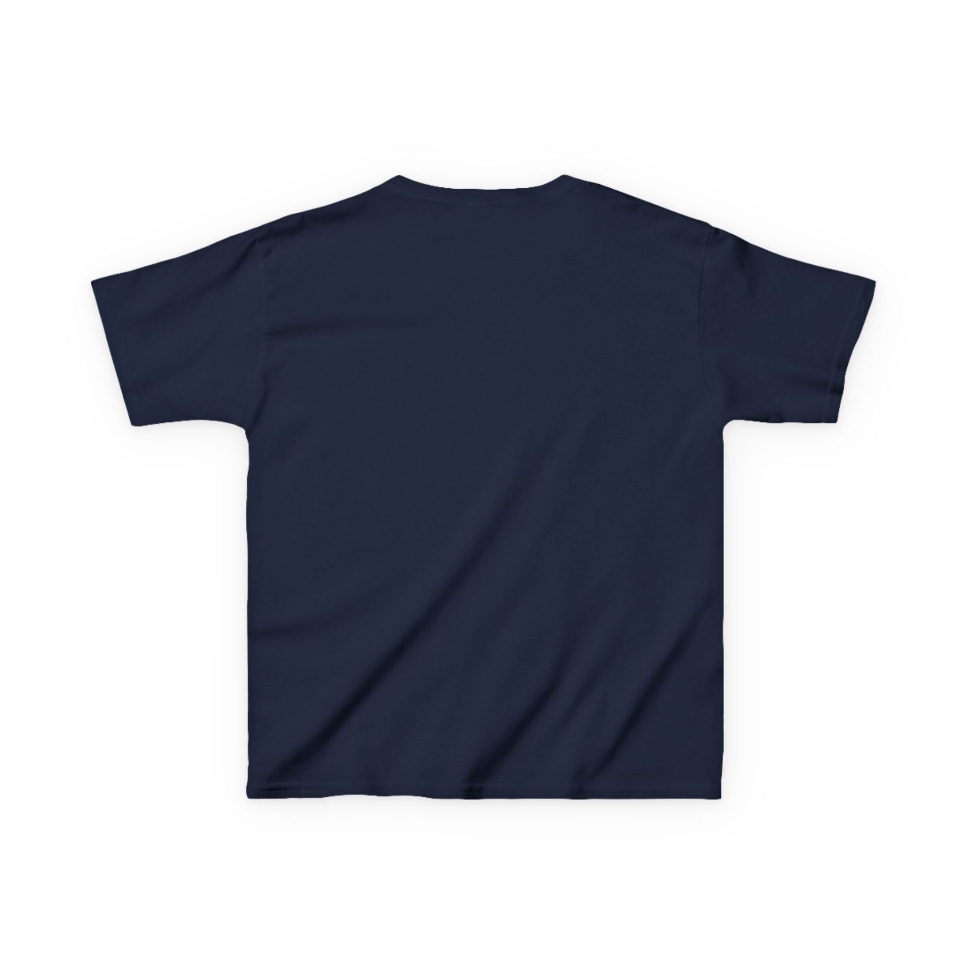 Plain navy blue T-shirt laid flat showing the back.