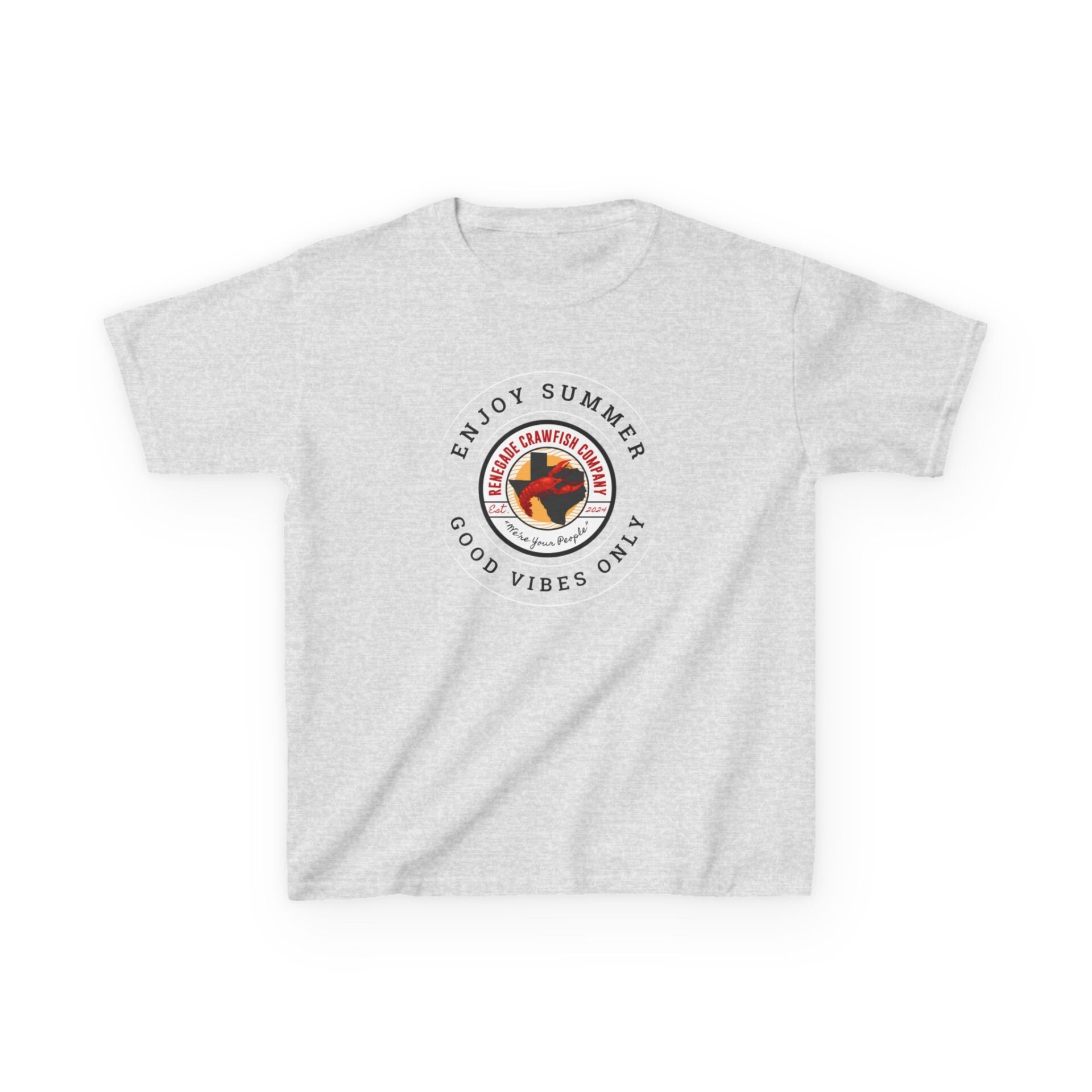 White t-shirt with a circular graphic and text on the back.