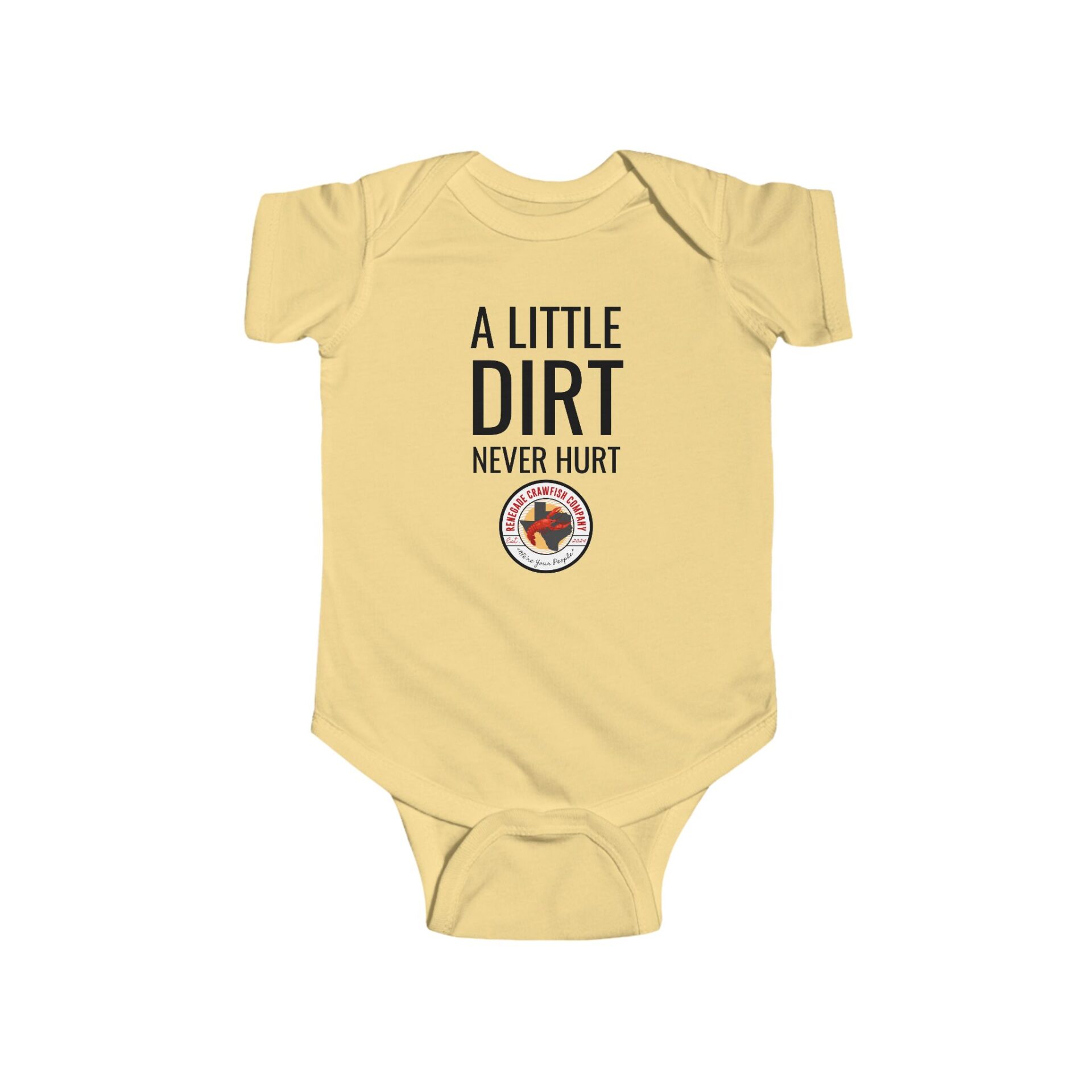 Yellow baby onesie with playful dirt-themed text and graphic.