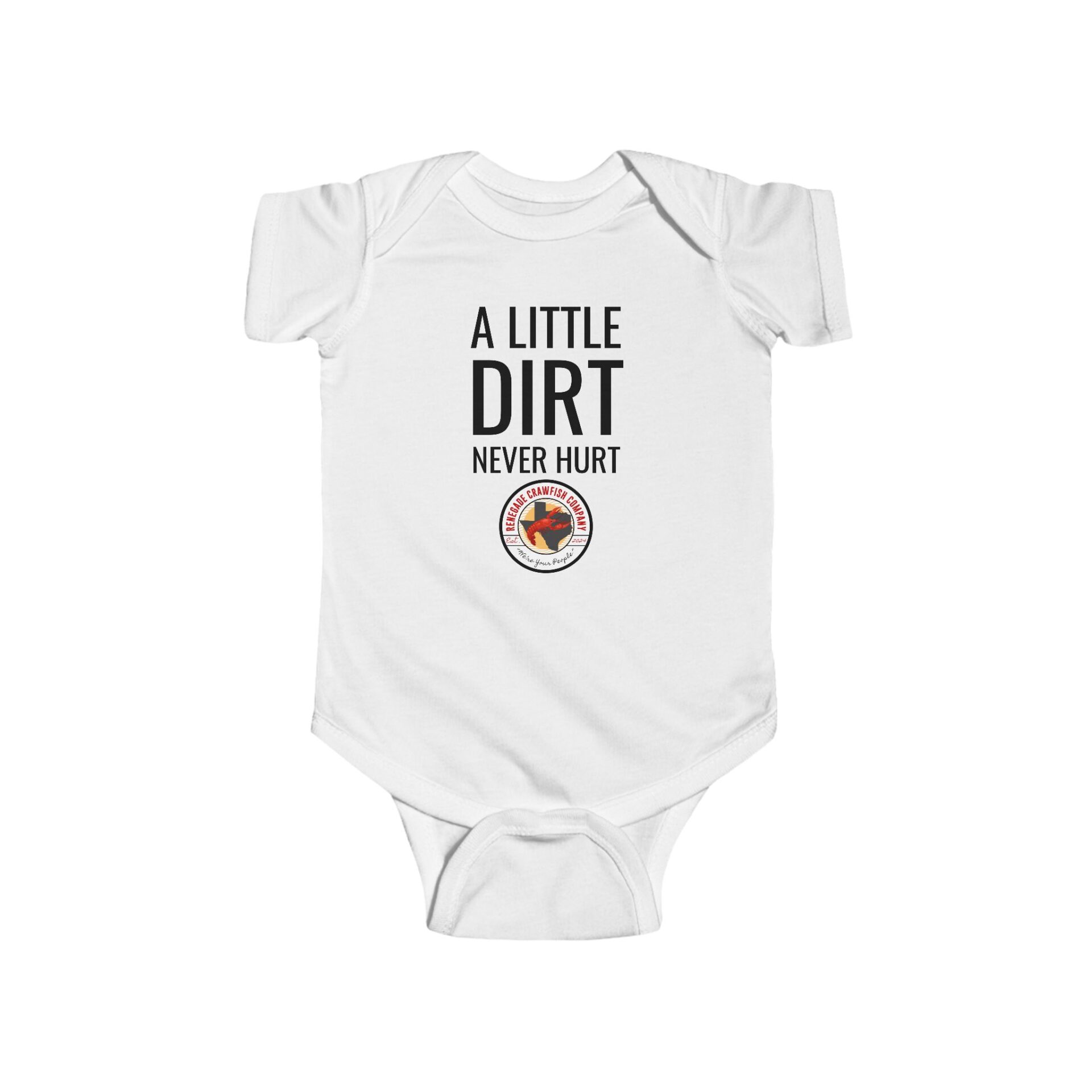 White baby onesie with text and a small graphic.