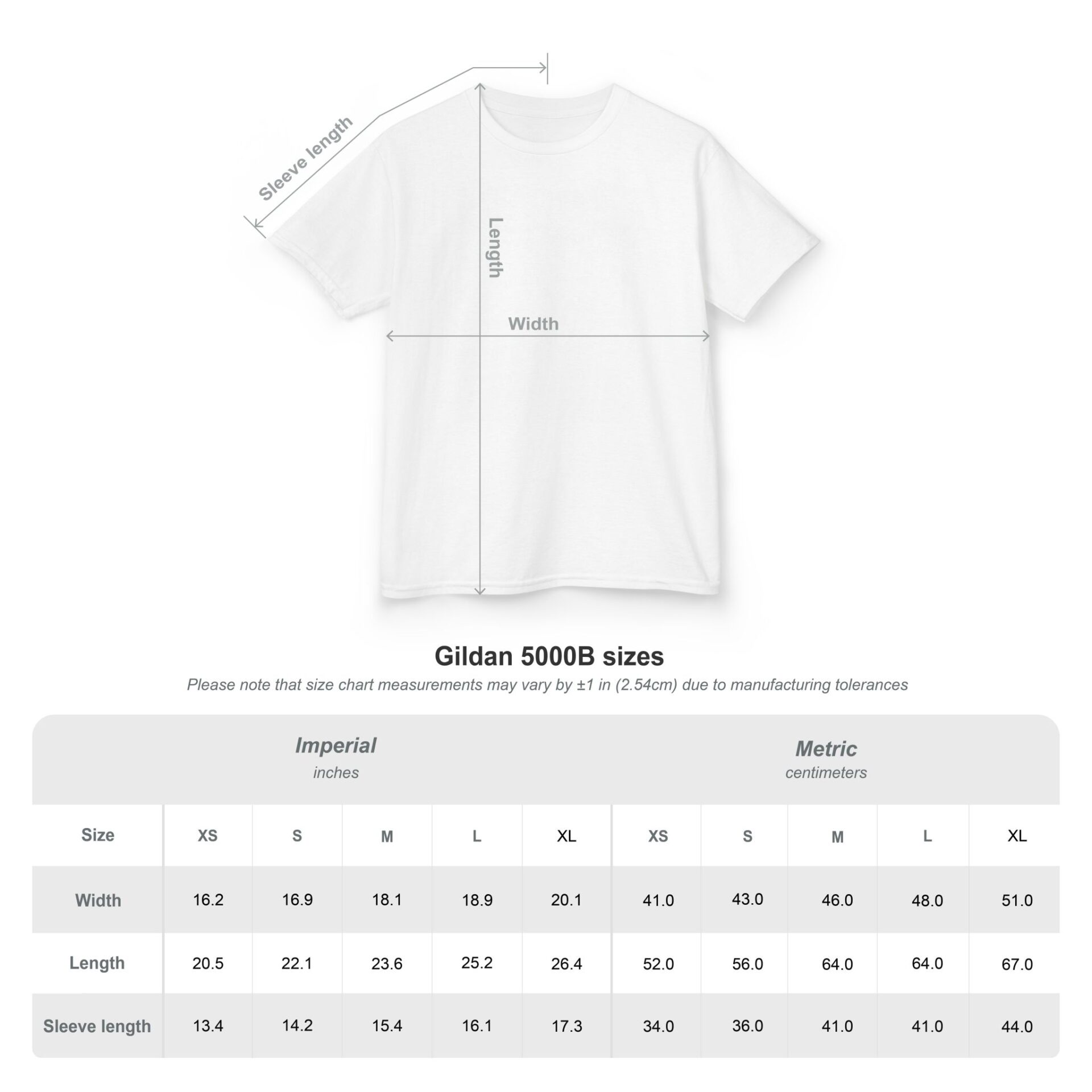 White short-sleeve shirt with size chart and measurements.