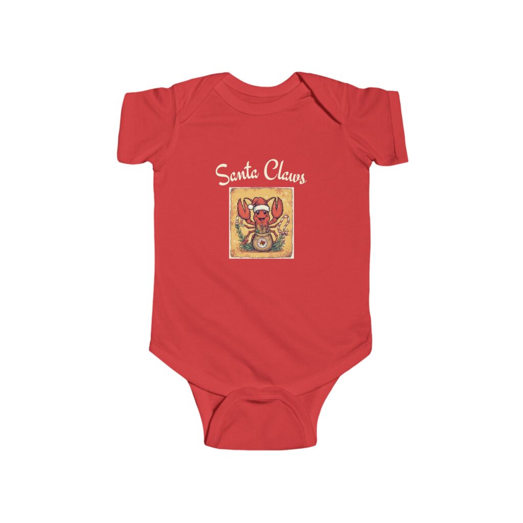 Red baby onesie with a festive Santa Claus graphic on the front.